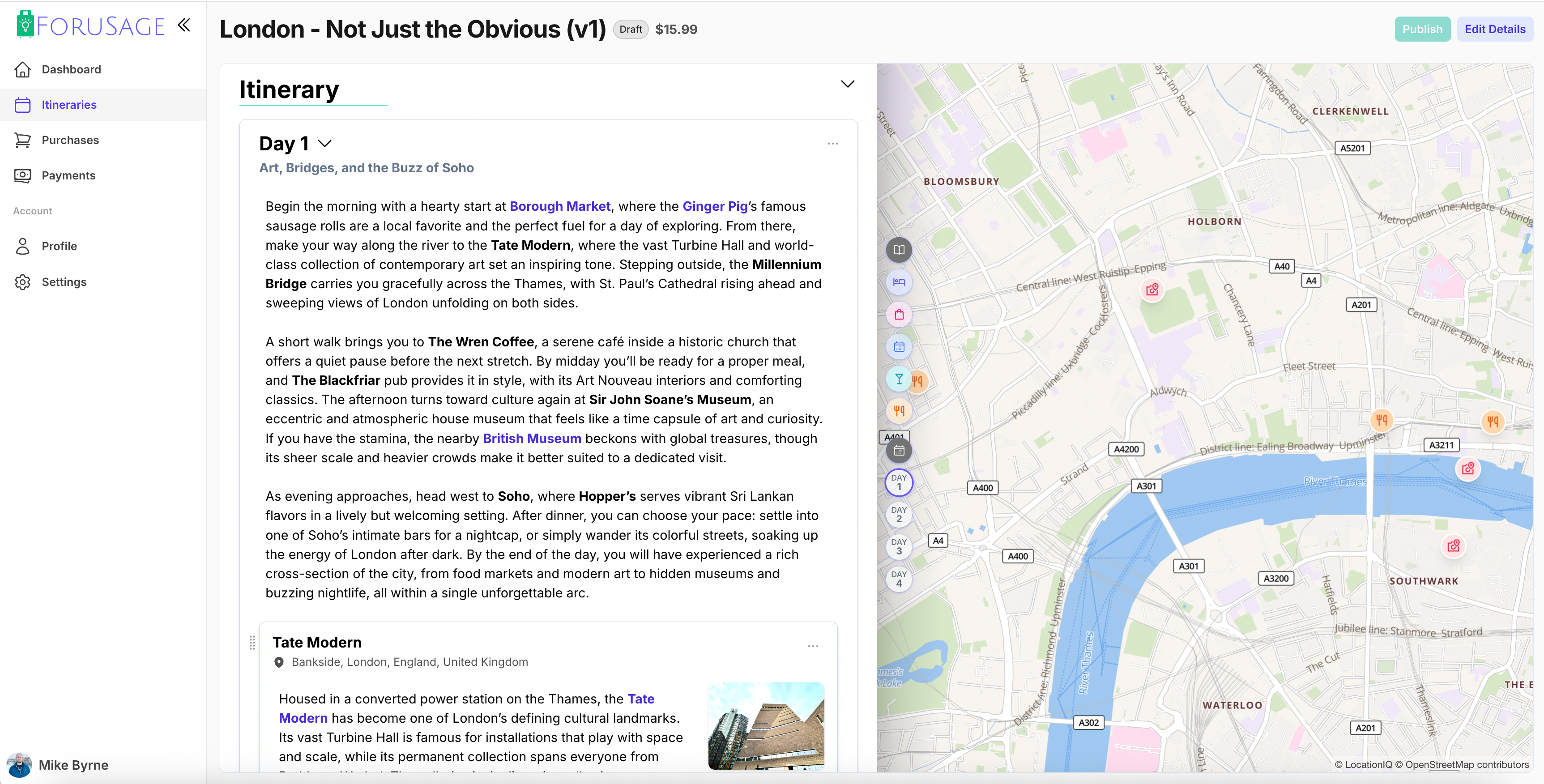 ForuSage Creator Interface - Day-by-day itineraries